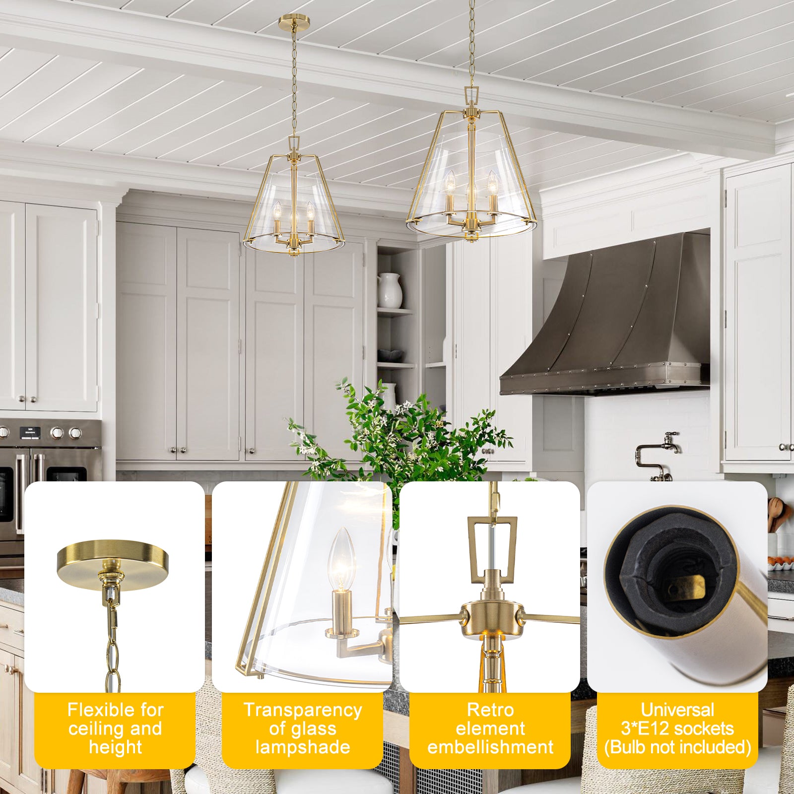 Natural Brass Clear Glass Ceramic 3-Light Dome Pendant Light | SKU 81010000088878 | A81010000088878 (4).jpg
