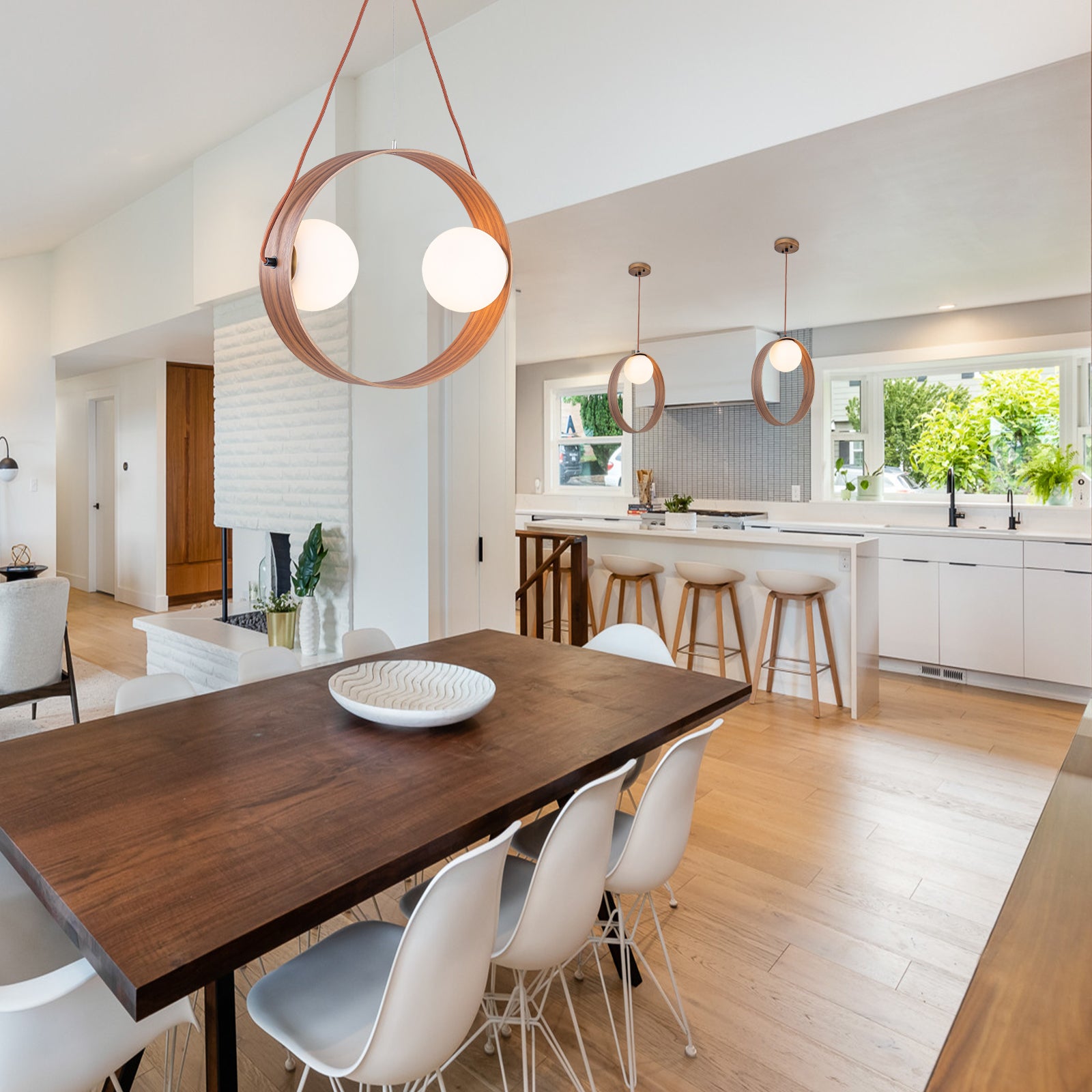 20 in. 2-Light Modern Walnut Oval Pendant Light with White Globe Glass Shades for Dining Room, Kitchen Island