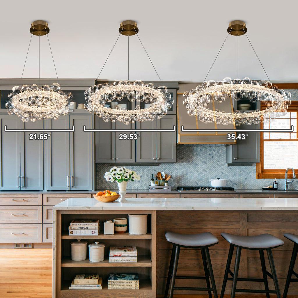 1-Light Gold Modern Round Globe Crystal Integrated LED Chandelier Dimmable Pendant Light with Glass Bubbles