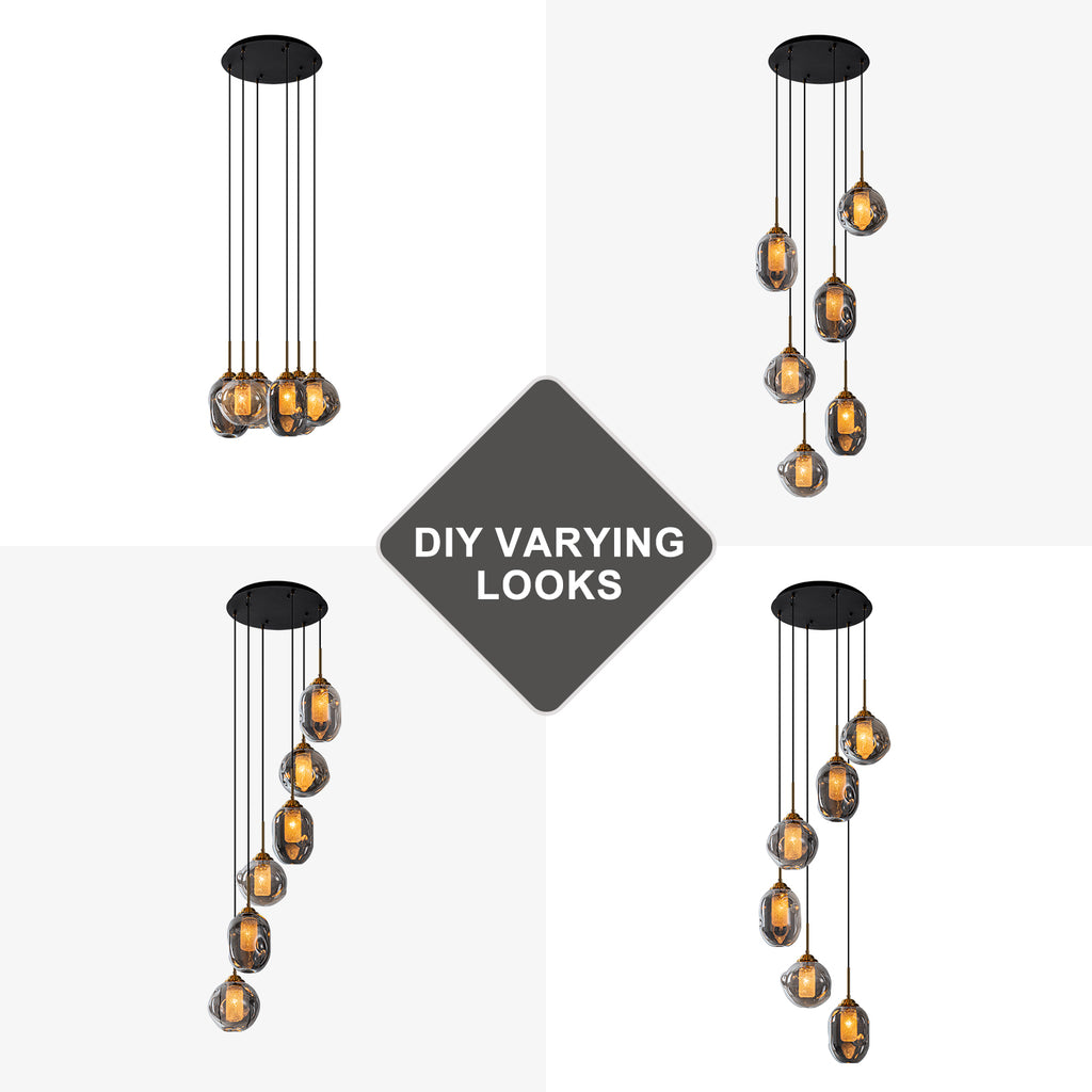 16 in. 6-Light Modern Black Staircase Chandelier Island Pendant Light with Smoky Gray Globe Glass Shade