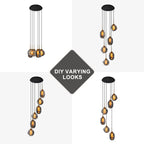 16 in. 6-Light Modern Black Staircase Chandelier Island Pendant Light with Smoky Gray Globe Glass Shade