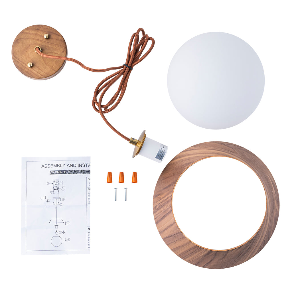 10.63 in. 1-Light Wooden Globe Hanging Pendant Light with White Glass Shade for Kitchen Island, Bedroom
