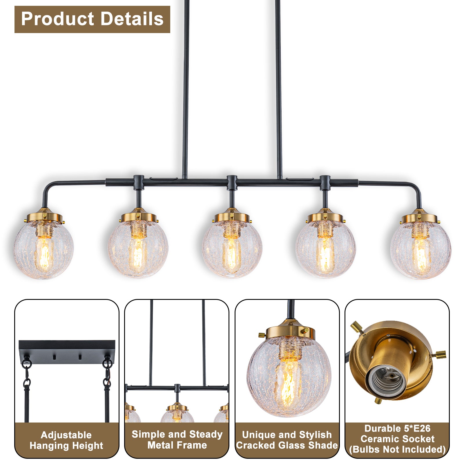 38 in. 5-Light Modern Matte Black Linear Pendant Light with Clear Globe Crackled Glass Shades Island Chandelier