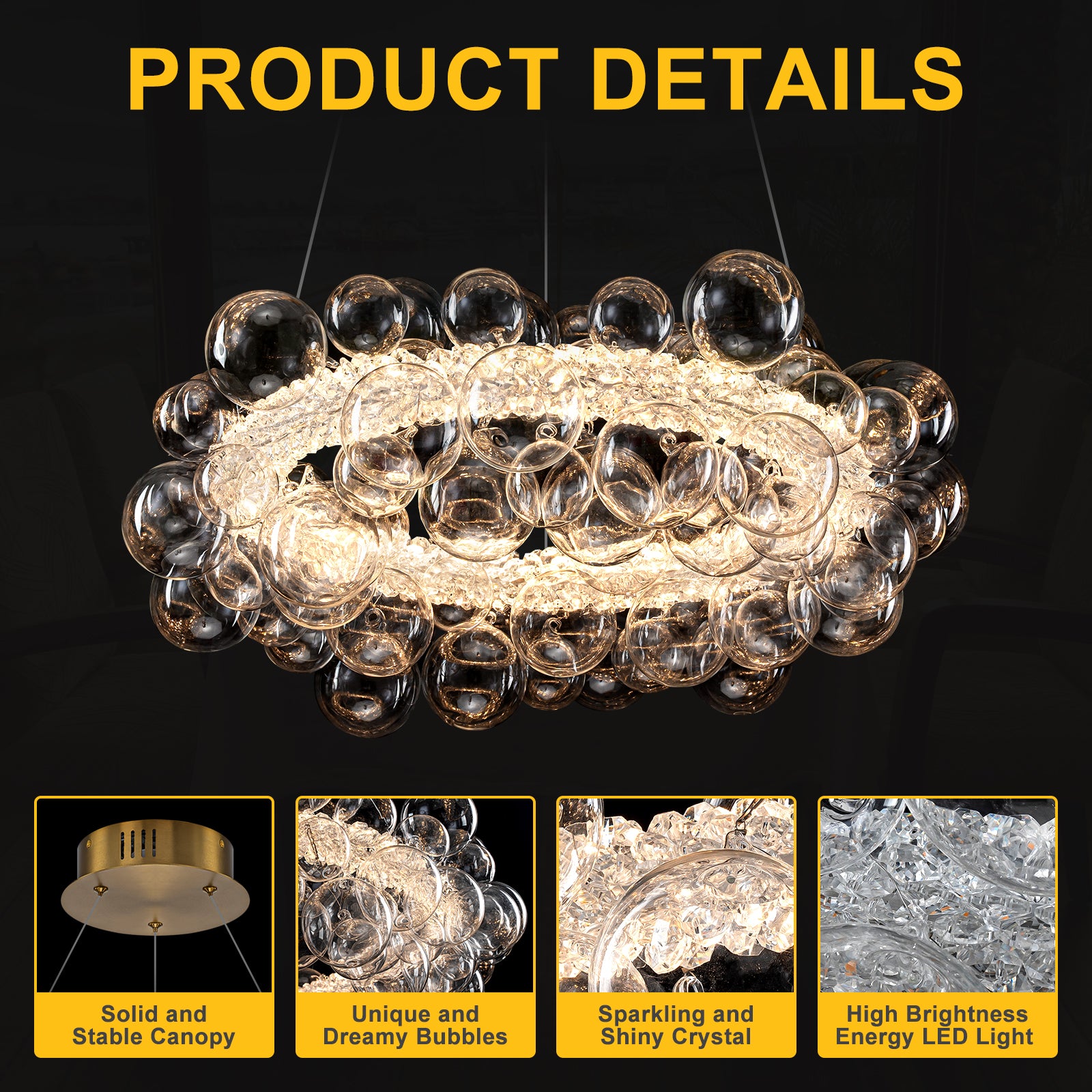 1-Light Gold Modern Round Globe Crystal Integrated LED Chandelier Dimmable Pendant Light with Glass Bubbles