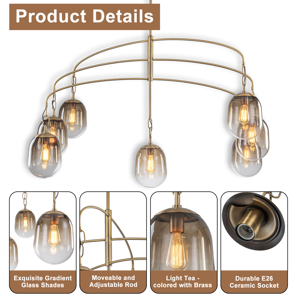 5/7-Light 2/3-Tier Antique Gold Metal Chandelier Pendant with Oval Glass Shades for Living Room, Kitchen Island