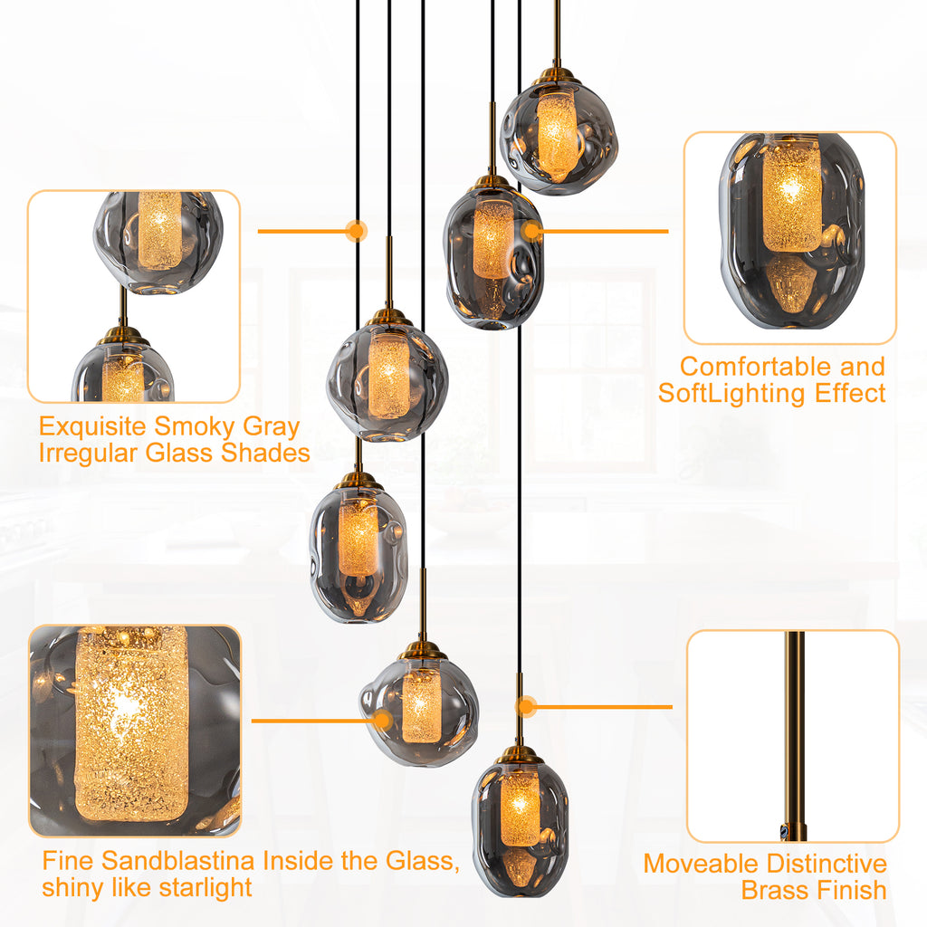 16 in. 6-Light Modern Black Staircase Chandelier Island Pendant Light with Smoky Gray Globe Glass Shade