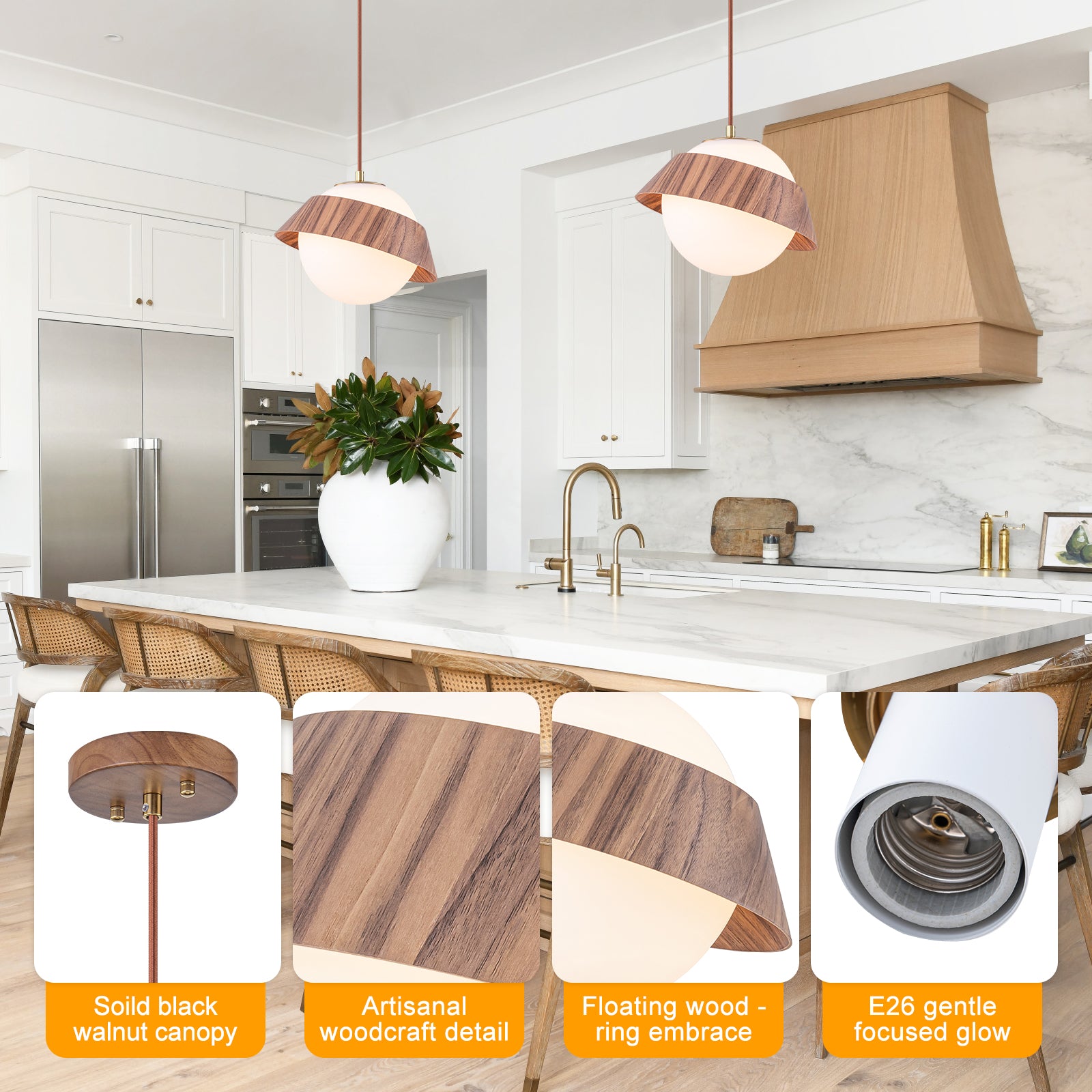 10.63 in. 1-Light Wooden Globe Hanging Pendant Light with White Glass Shade for Kitchen Island, Bedroom
