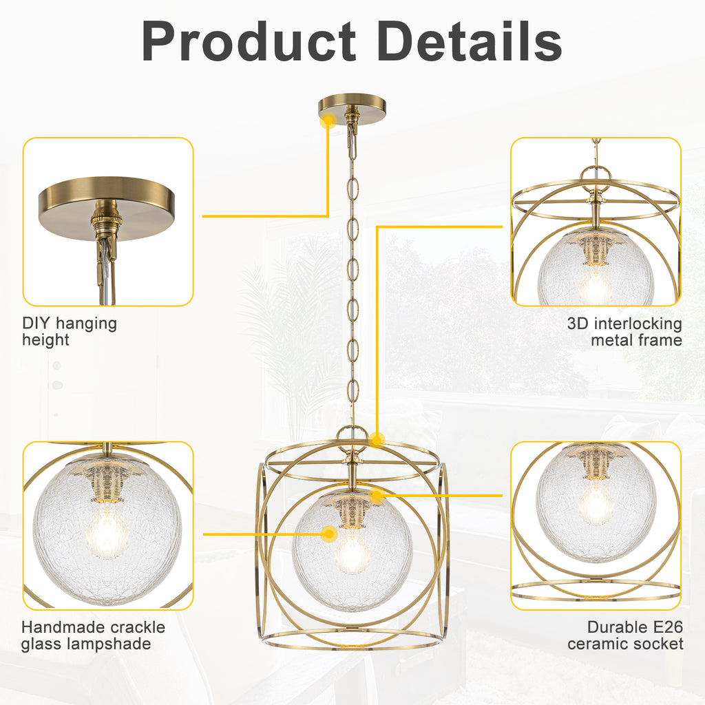11.5 in. 1-Light Modern Copper Metal Pendant Light with Clear Crackle Globe Glass Shade for Kitchen Island, Dining Room
