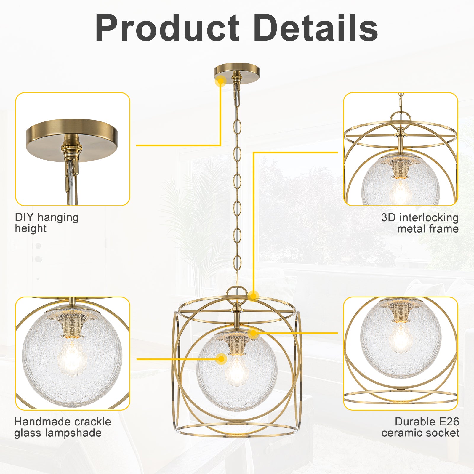 11.5 in. 1-Light Modern Copper Metal Pendant Light with Clear Crackle Globe Glass Shade for Kitchen Island, Dining Room