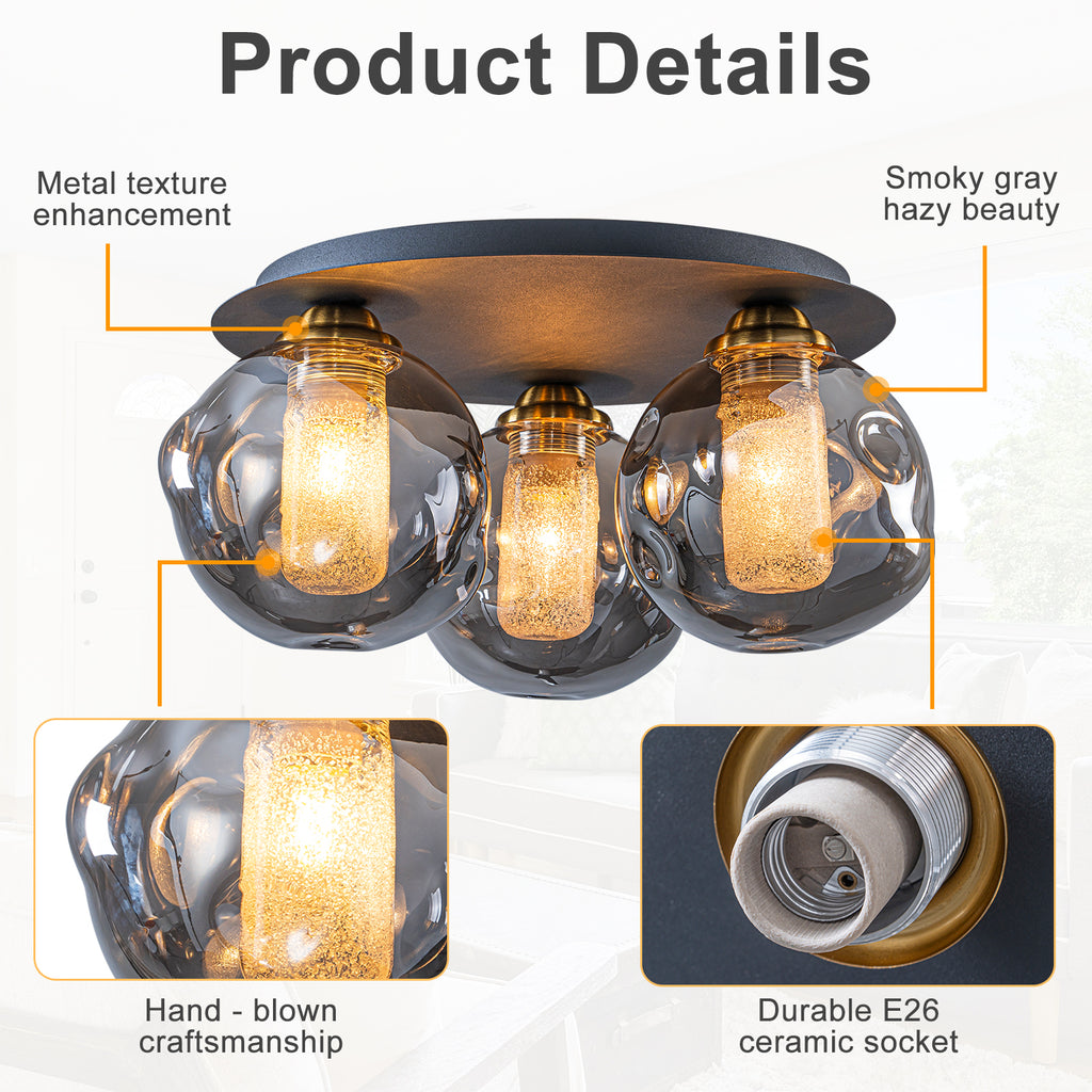 17.7 in. 3-Light Modern Black Metal Flush Mount Ceiling Light with Globe Smoky Gray Glass Shades for Dining Roo
