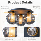 17.7 in. 3-Light Modern Black Metal Flush Mount Ceiling Light with Globe Smoky Gray Glass Shades for Dining Roo