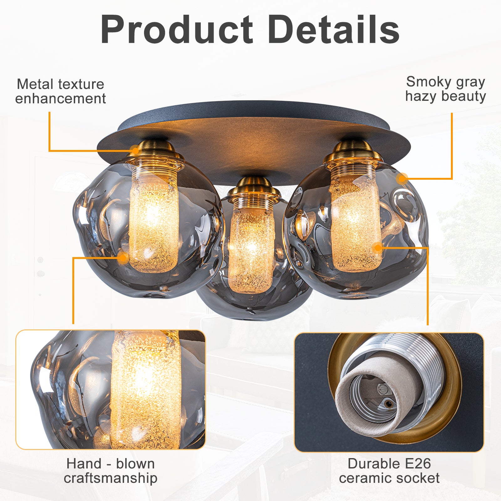 17.7 in. 3-Light Modern Black Metal Flush Mount Ceiling Light with Globe Smoky Gray Glass Shades for Dining Roo