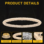 1-Light Modern Gold Metal Ring Crystal Integrated LED Pendant Light Dimmable Chandelier for Dining Room