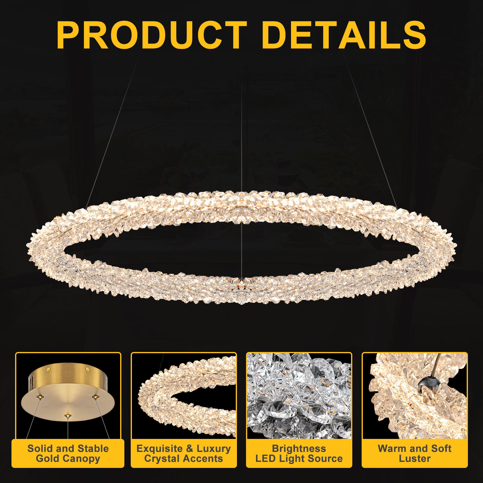 1-Light Modern Gold Metal Ring Crystal Integrated LED Pendant Light Dimmable Chandelier for Dining Room