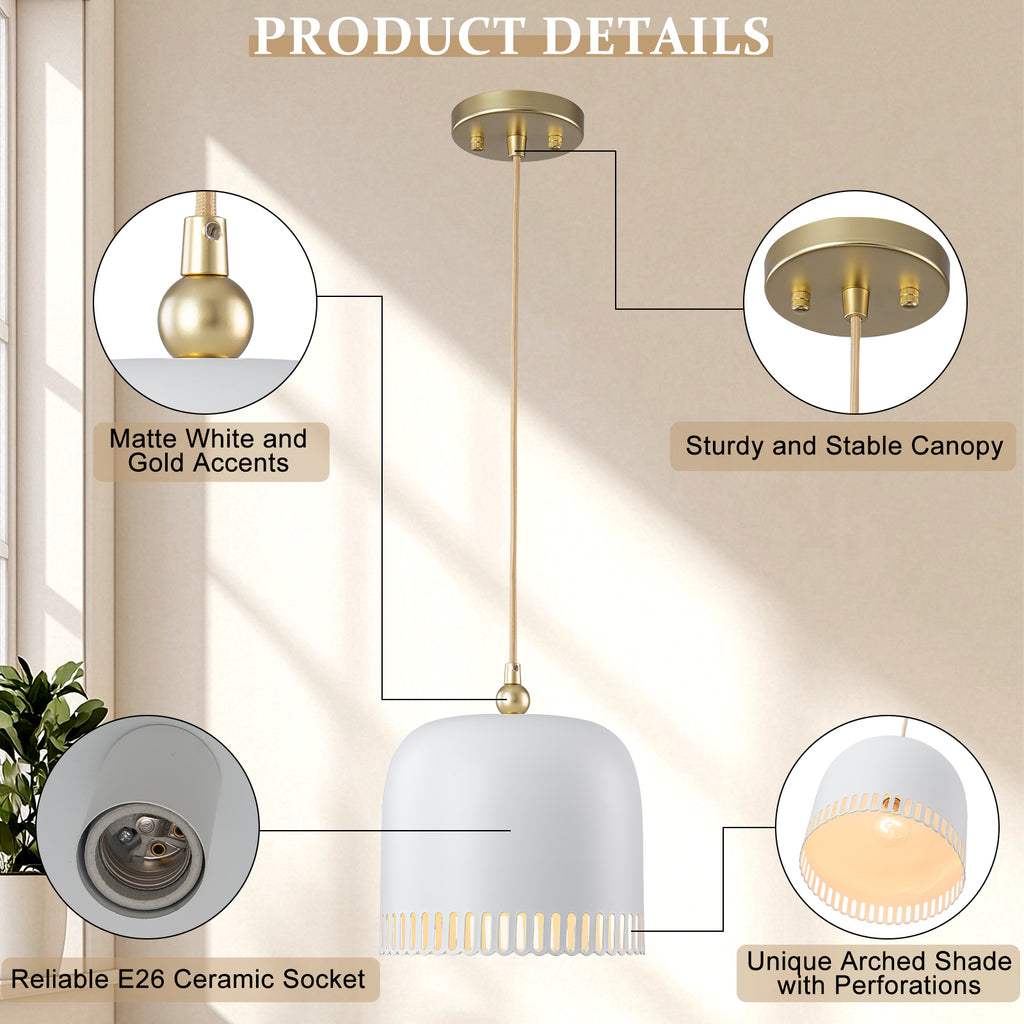 1-Light Gold Iron Semi-Domed Shape Pendant Light with Matte White Metal Shade Hollow Out Design for Living Room