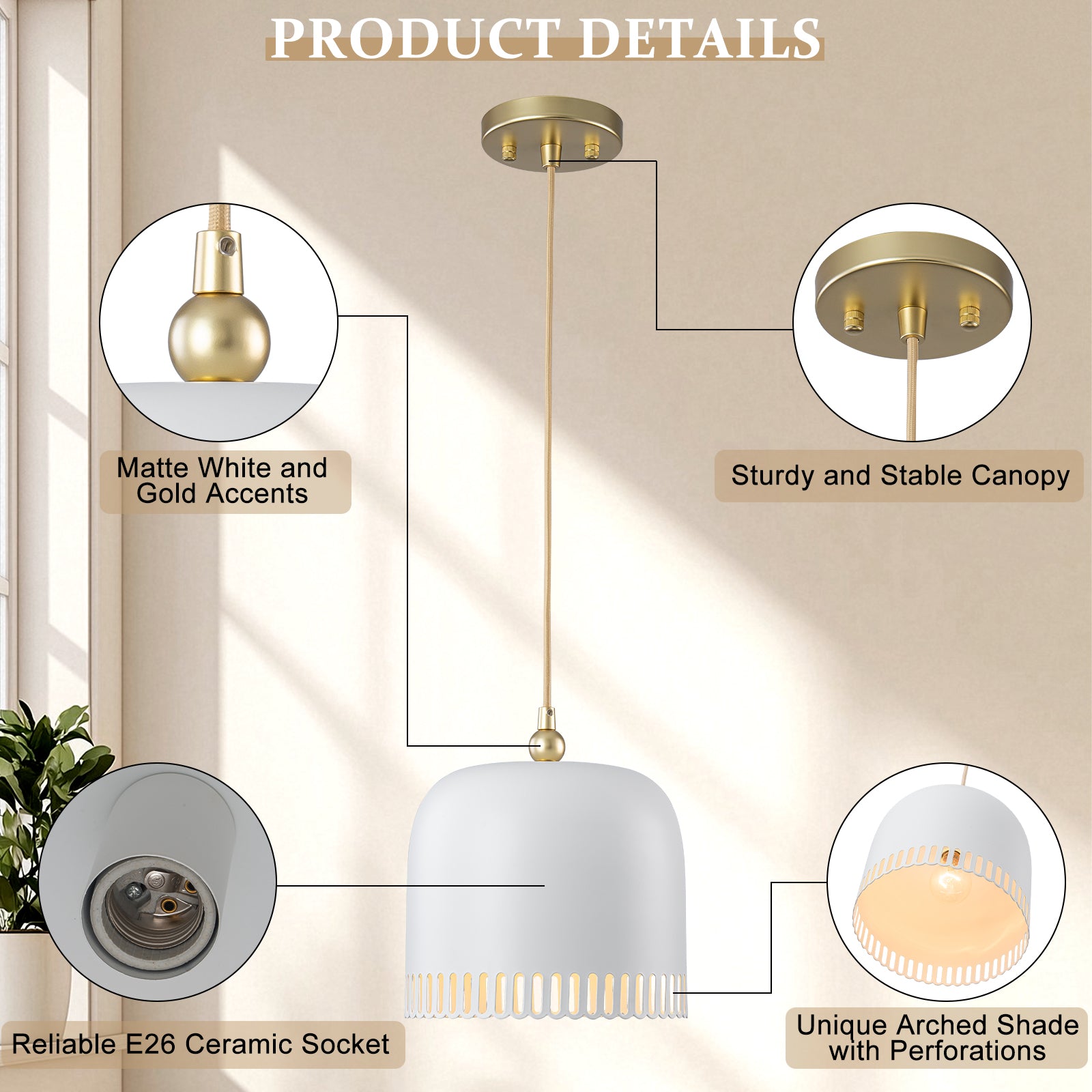 1-Light Gold Iron Semi-Domed Shape Pendant Light with Matte White Metal Shade Hollow Out Design for Living Room