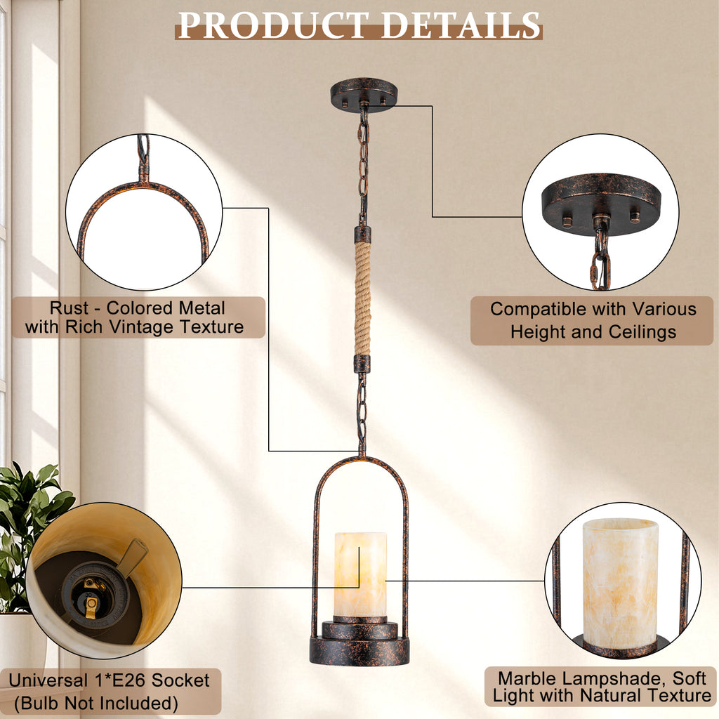 6.69 in. 1-Light Vintage Industrial U-Shaped Iron Pendant Light with Natural Onyx Shade