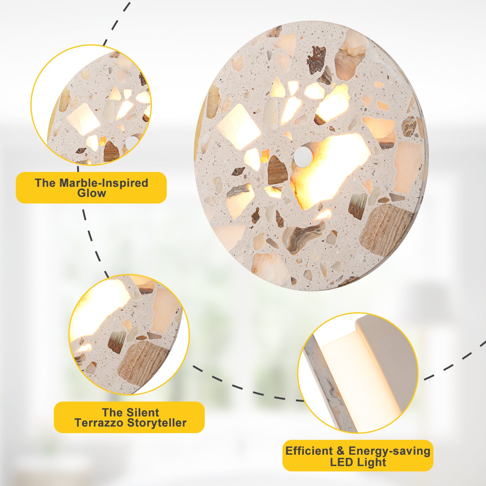 8.07 in. 1-Light Modern Round Dimmable LED Wall Sconce Light with Mable Terrazzo Shade for Bedroom Foyer Hallway