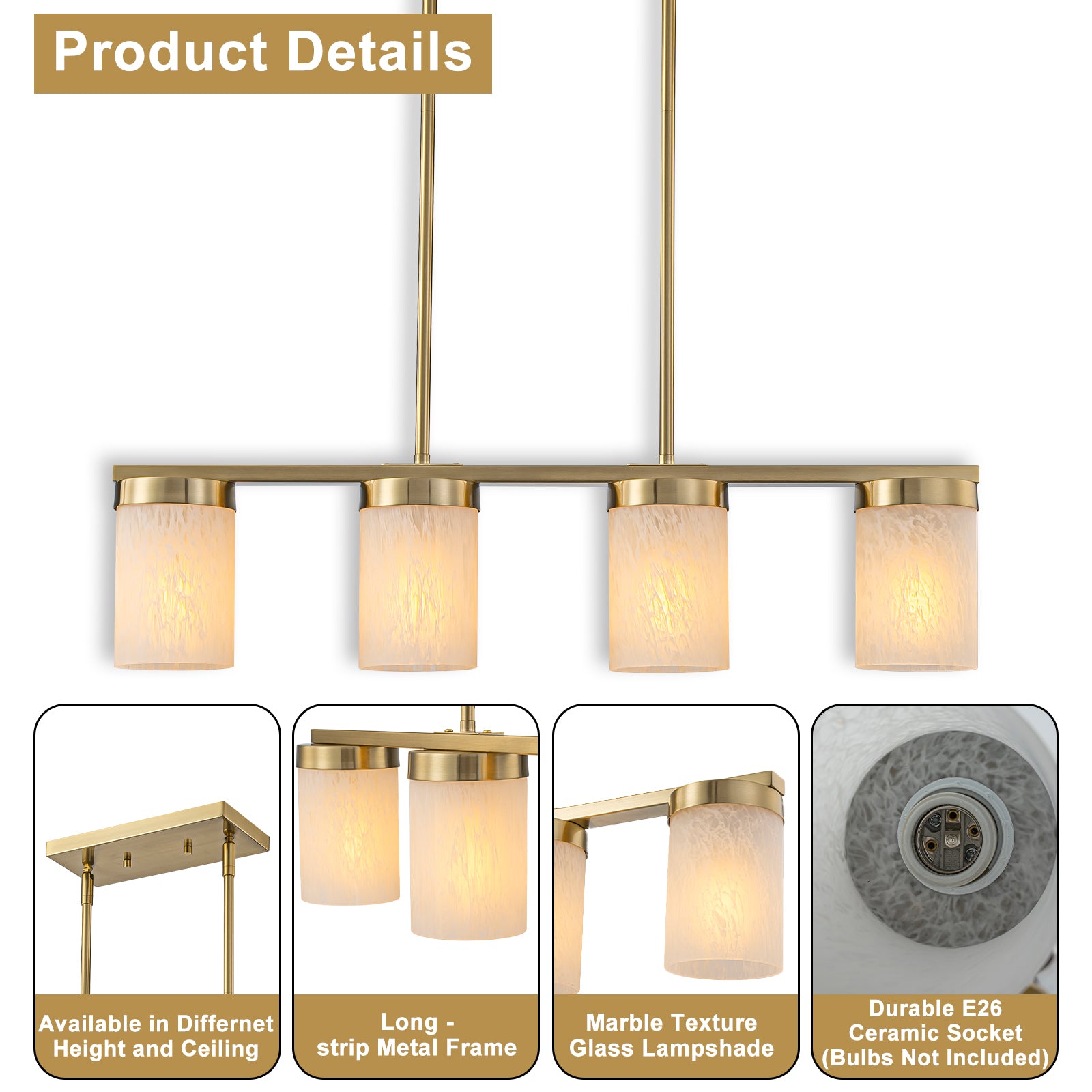 28.94 in. 4-Light Modern Copper Metal Linear Chandelier Island Pendant Light with Cylinder Glass Shades for Dining Room