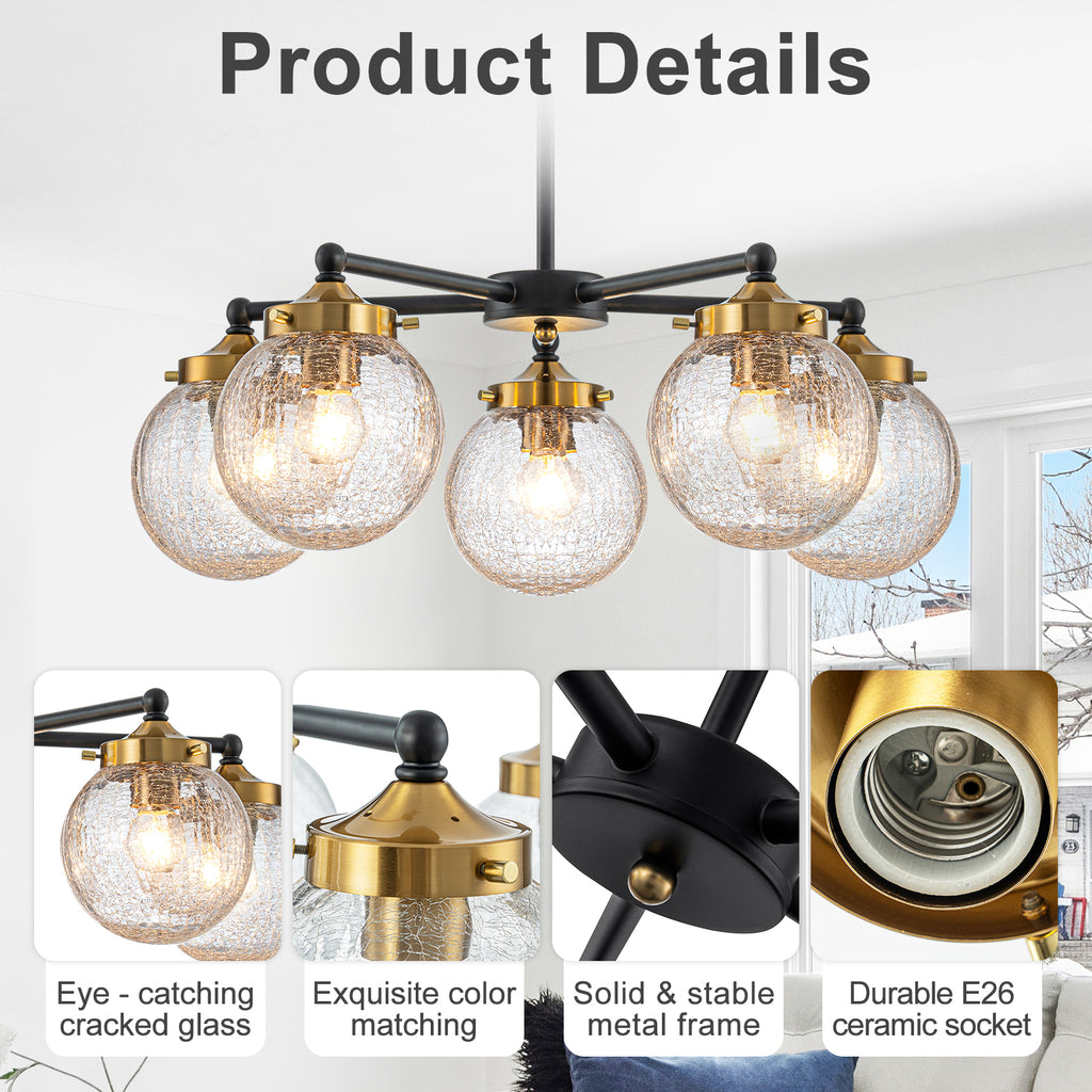 22.44 in. 5-Light Modern Black Branch Chandelier with Clear Cracked Glass Shades for Kitchen Island, Living Room