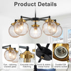 22.44 in. 5-Light Modern Black Branch Chandelier with Clear Cracked Glass Shades for Kitchen Island, Living Room