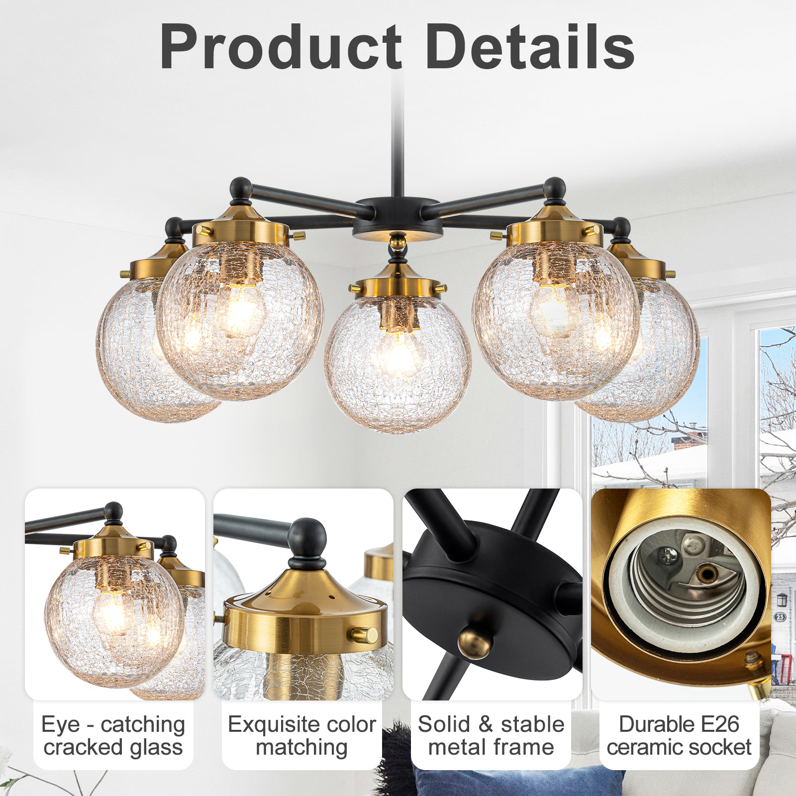 22.44 in. 5-Light Modern Black Branch Chandelier with Clear Cracked Glass Shades for Kitchen Island, Living Room