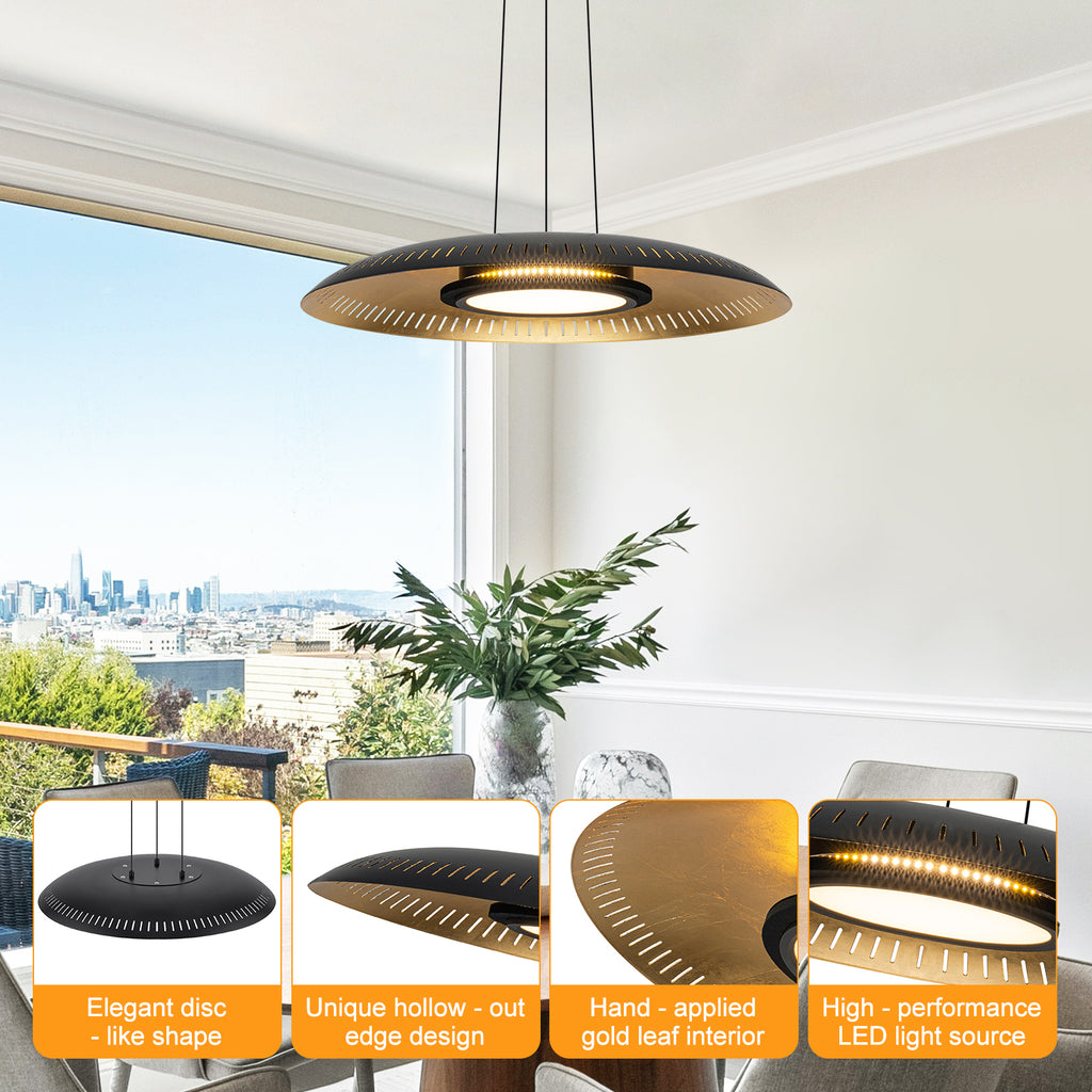 24-Watt 1 Light Modern Black Dome Dimmable LED Pendant Light Chandelier with Metal Shade for Dining Room, Kitchen Island