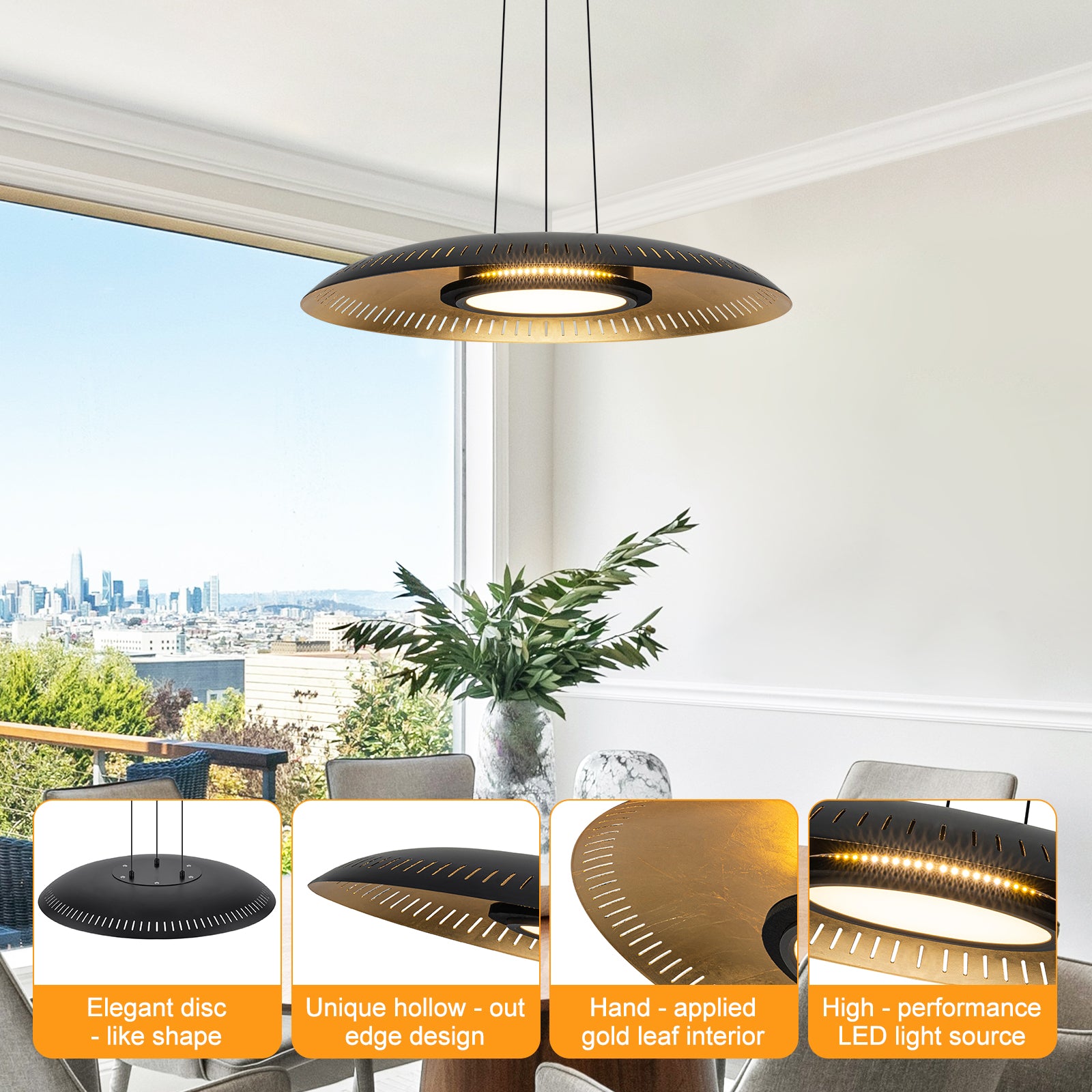 24-Watt 1 Light Modern Black Dome Dimmable LED Pendant Light Chandelier with Metal Shade for Dining Room, Kitchen Island