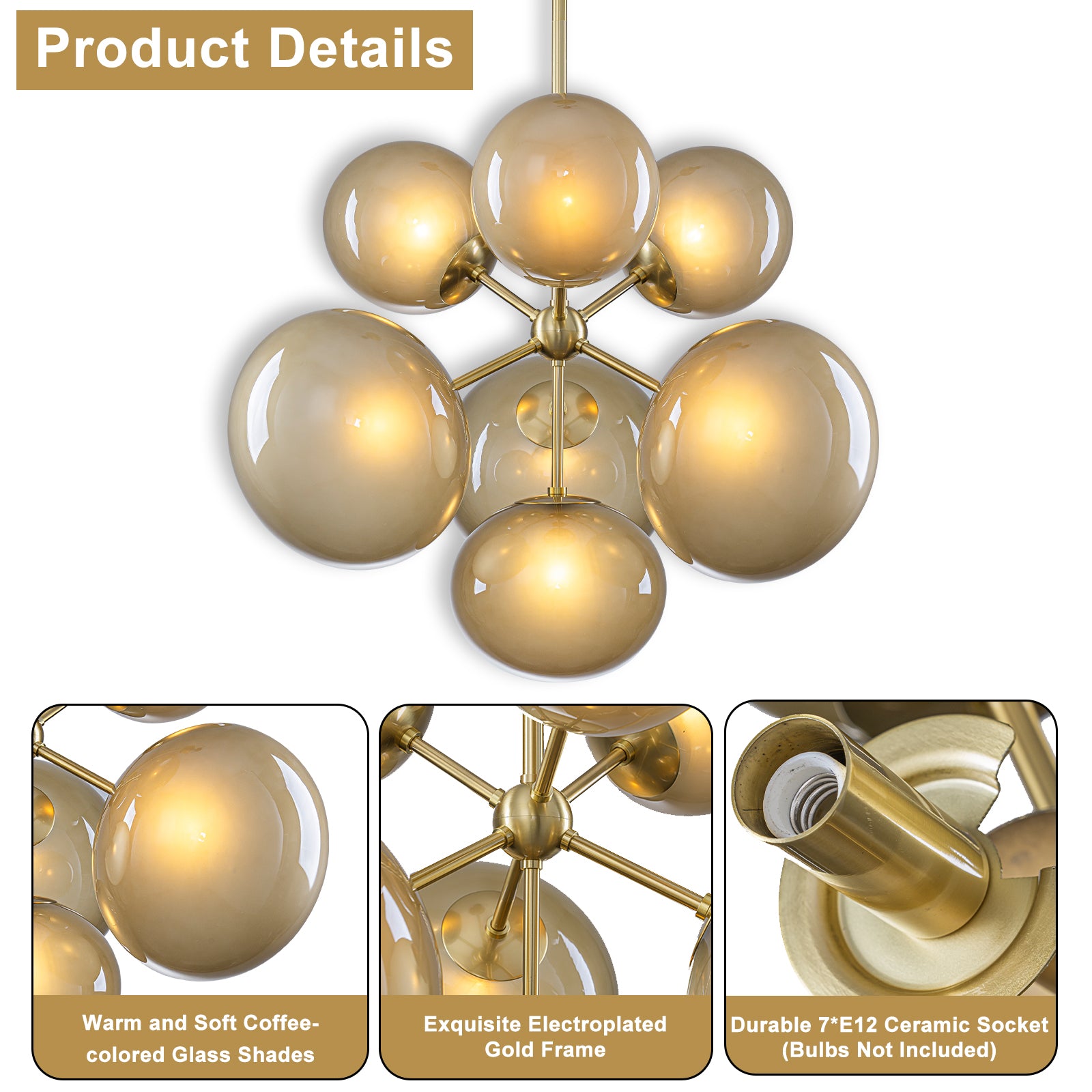 4/7-Light Mid-Century Modern Gold Cluster Chandelier with Coffee Globe Glass Shades