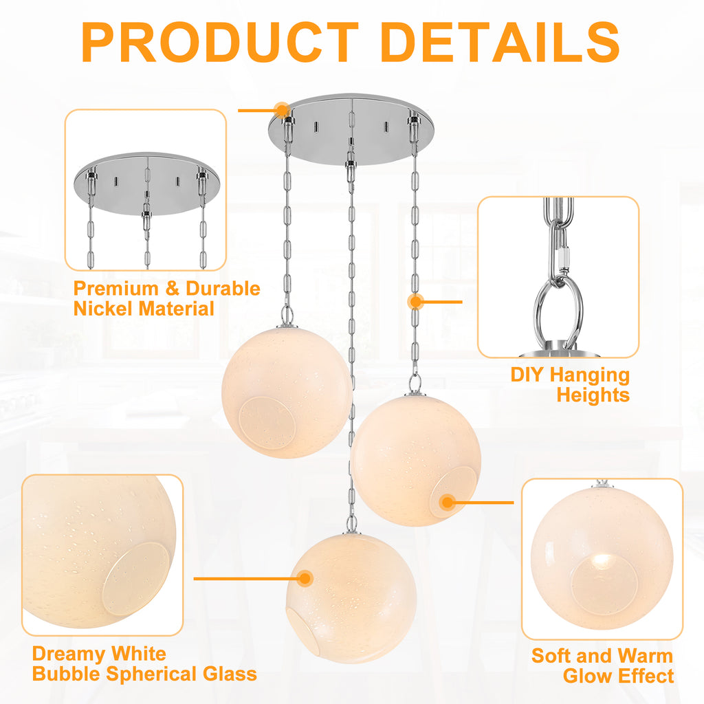 Chrome Modern Globe Hanging Pendant Light with White Bubble Glass Shade for Kitchen Island, Dining