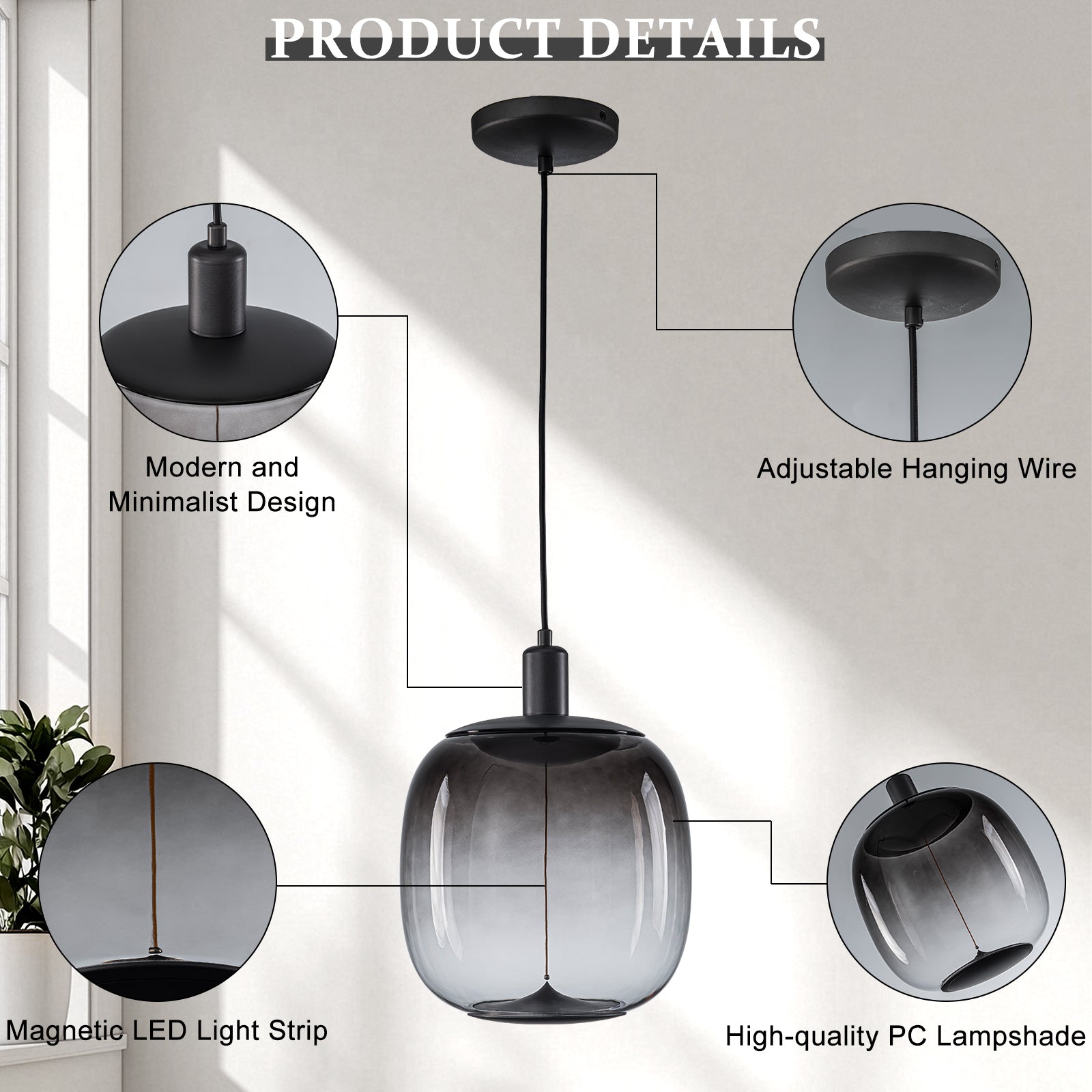 10-Watt 1-Light Modern Dimmable Integrated LED Pendant Light with Drum Shade for Kitchen Island