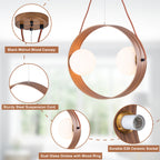 20 in. 2-Light Modern Walnut Oval Pendant Light with White Globe Glass Shades for Dining Room, Kitchen Island