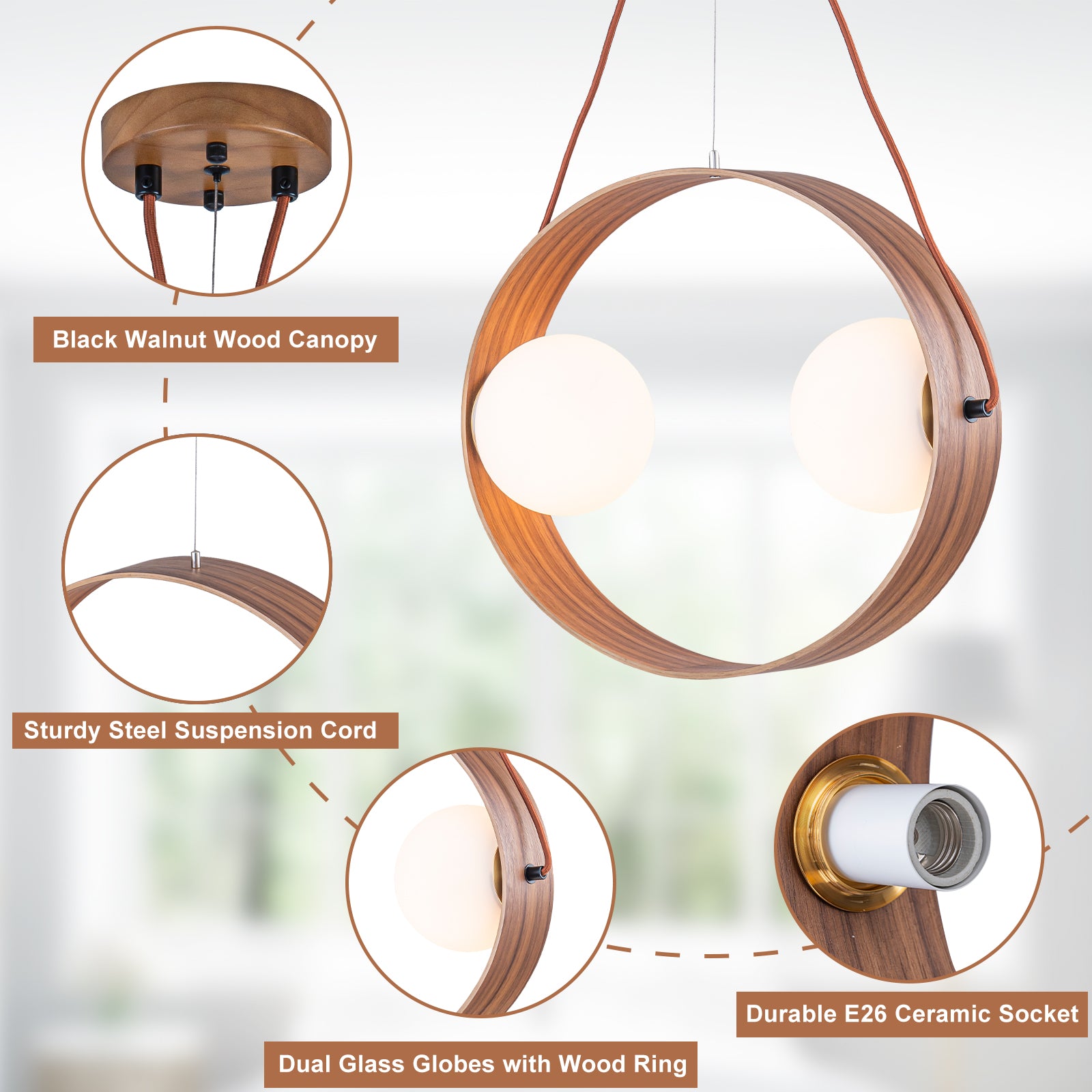 20 in. 2-Light Modern Walnut Oval Pendant Light with White Globe Glass Shades for Dining Room, Kitchen Island