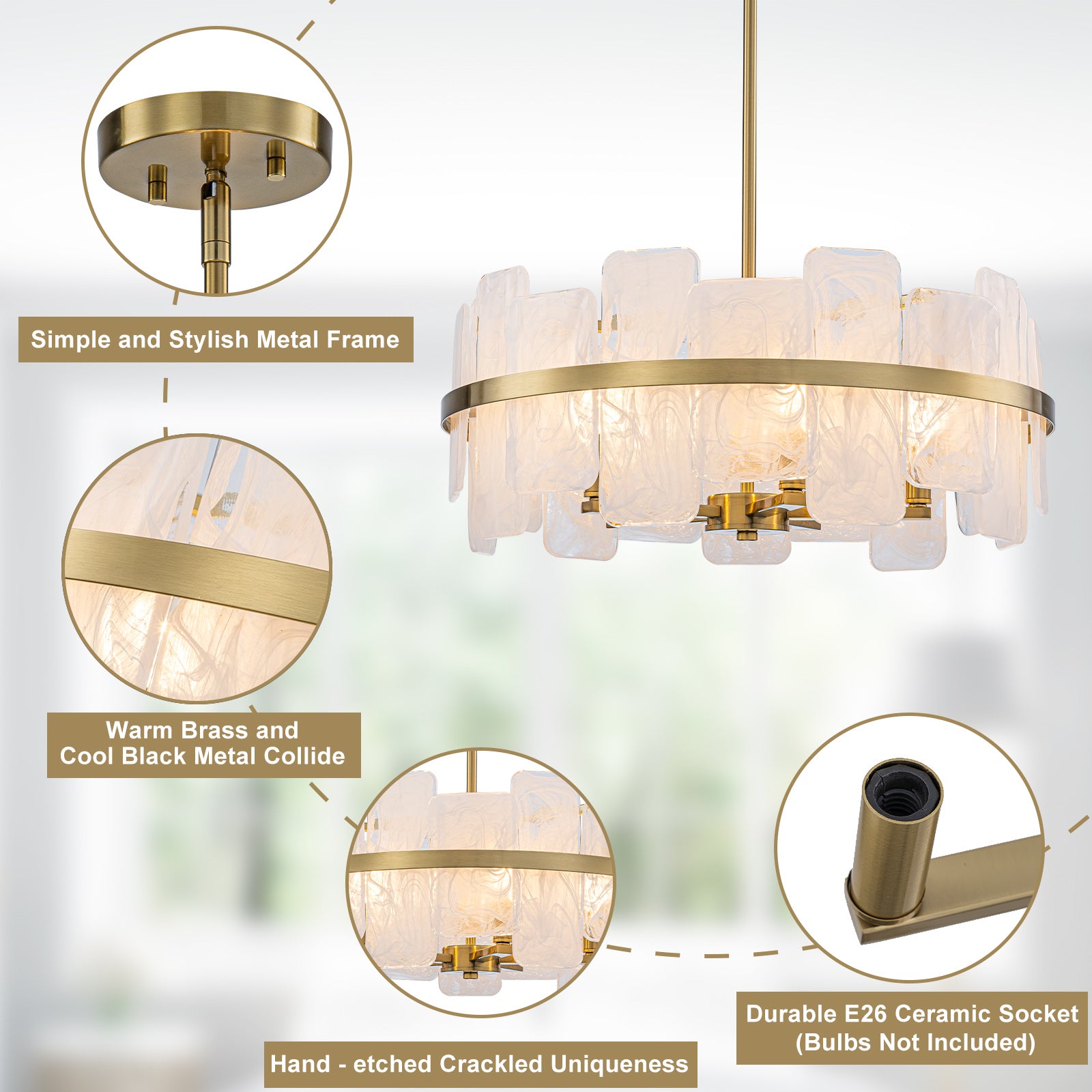 20.47 in. 5-Lights Modern Brass Metal Round Chandelier with Cloud Texture Glass for Dining Room