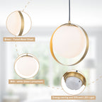 9.84 in. 8-Watt 1-Light Modern Mid-Century Brass Ring LED Pendant Light with White Globe Glass Shade