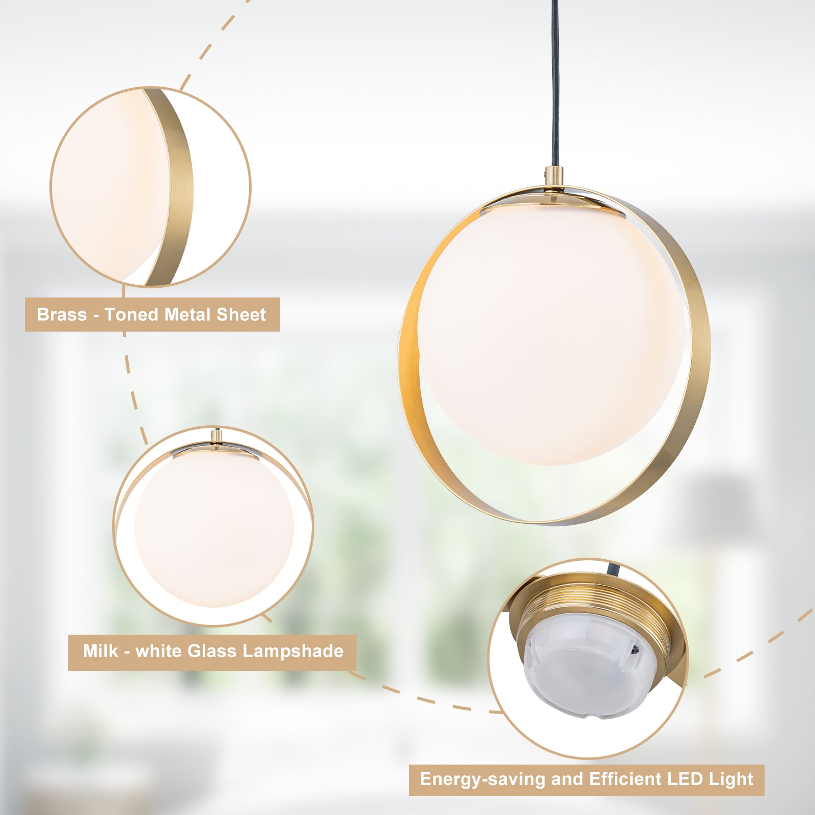 9.84 in. 8-Watt 1-Light Modern Mid-Century Brass Ring LED Pendant Light with White Globe Glass Shade