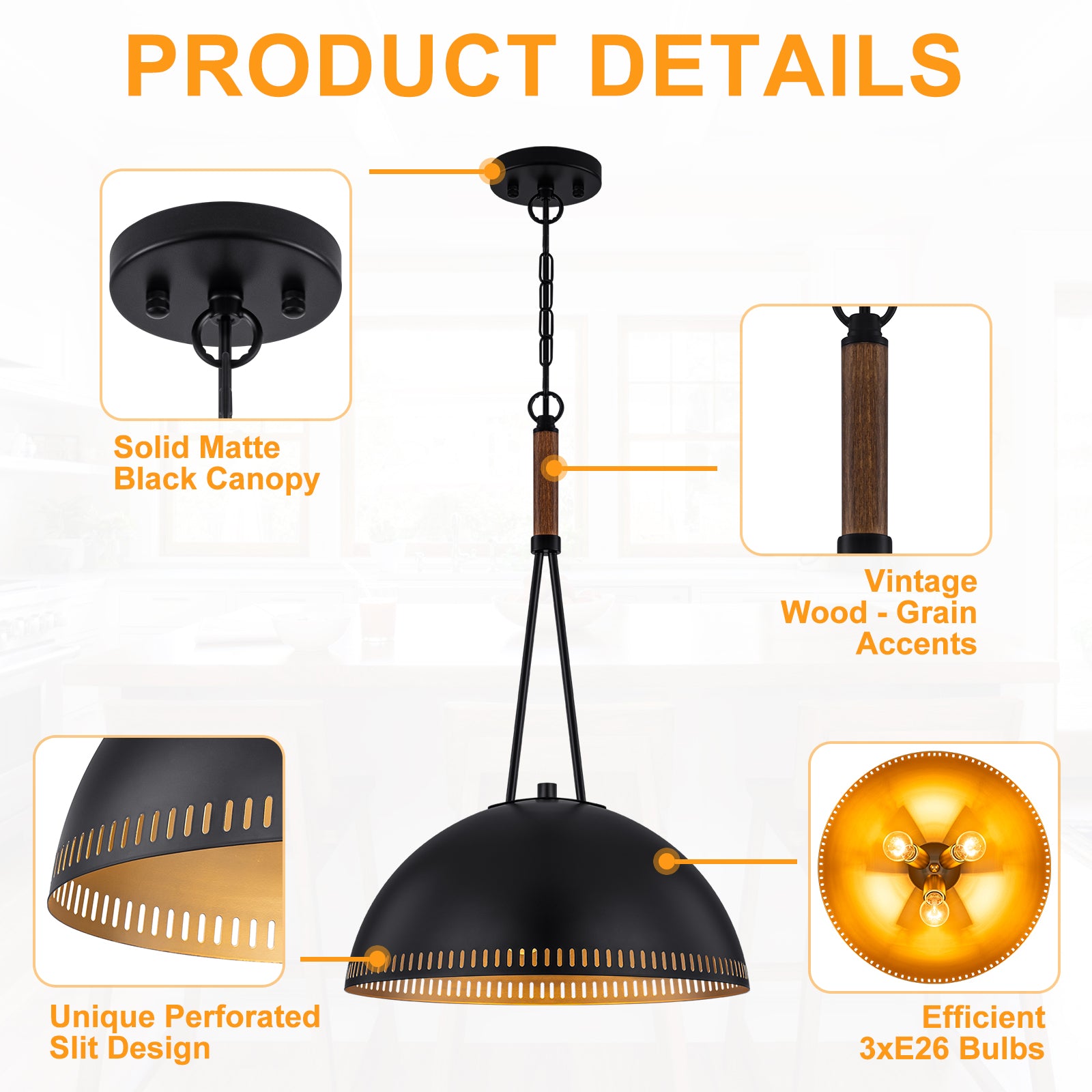 15.75 in. 3-Light Vintage Industrial Metal Dome Pendant Light Chandelier with Iron Shade for Kitchen, Dining