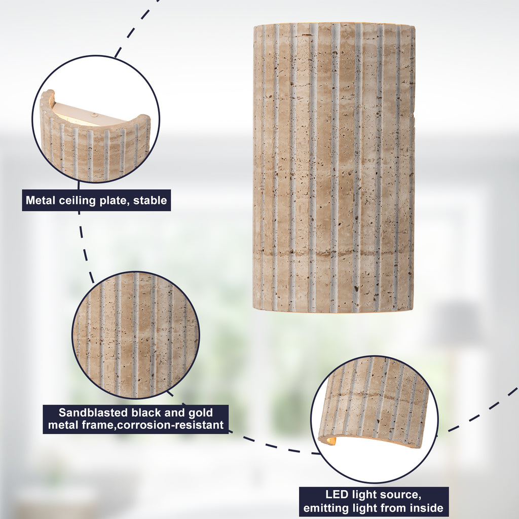 5.11 in. 1-Light Modern Semi-Cylinder Dimmable Travertine Integrated LED Wall Sconce Light for Bedroom Stair