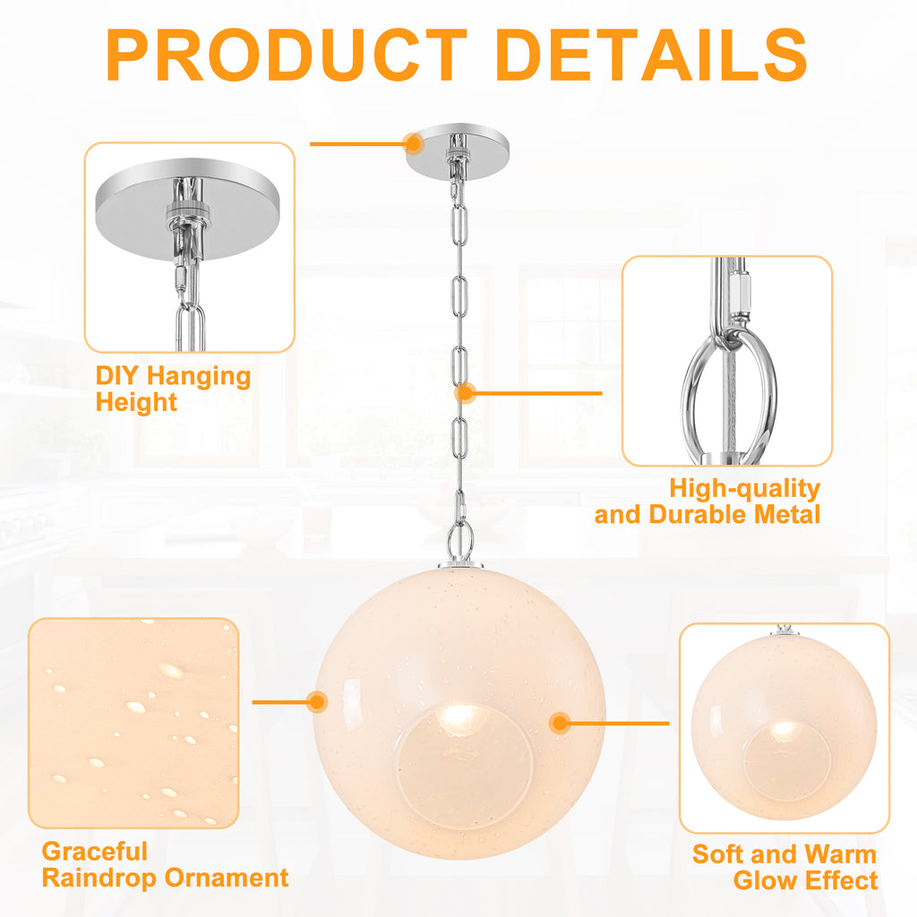 Chrome Modern Globe Hanging Pendant Light with White Bubble Glass Shade for Kitchen Island, Dining