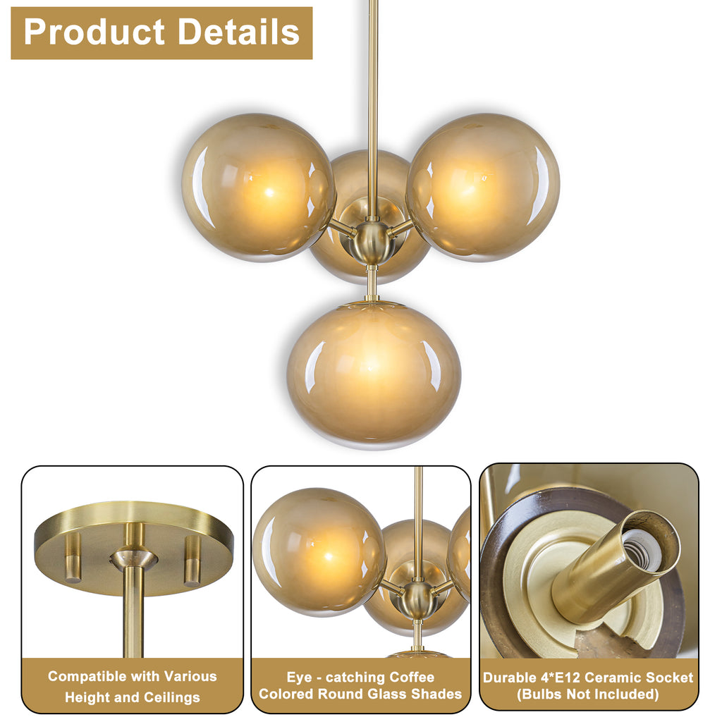 4/7-Light Mid-Century Modern Gold Cluster Chandelier with Coffee Globe Glass Shades