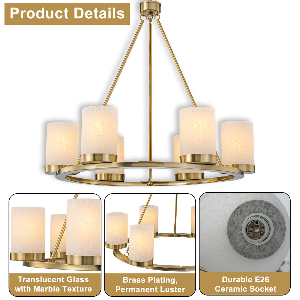 26 in. 6-Light Modern Brass Metal Chandelier with Cylinder Glass Shades for Kitchen Island, Dining Room