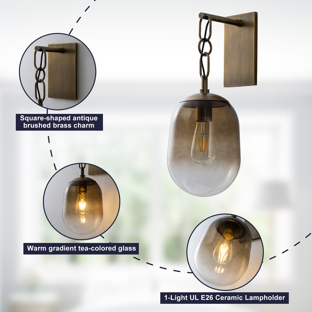 7.09 in. 1-Light Antique Metal Wall Sconce with Oval Gradient Color Glass Shade for Bedroom, Bathroom, Hallway
