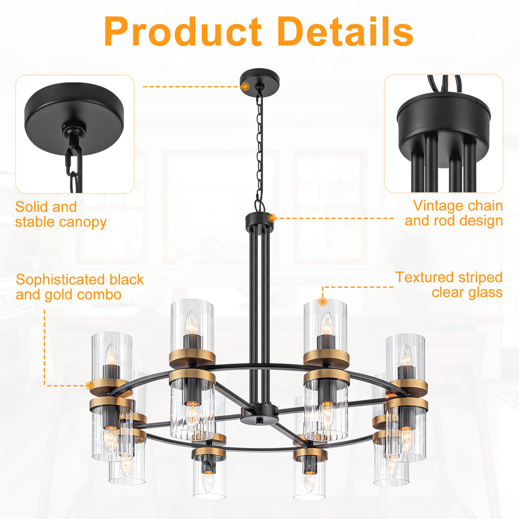 35.24 in. 16-Light Modern Luxury Black Gold Iron Chandelier Pendant Lighting with Glass Shades for Living Room, Dining
