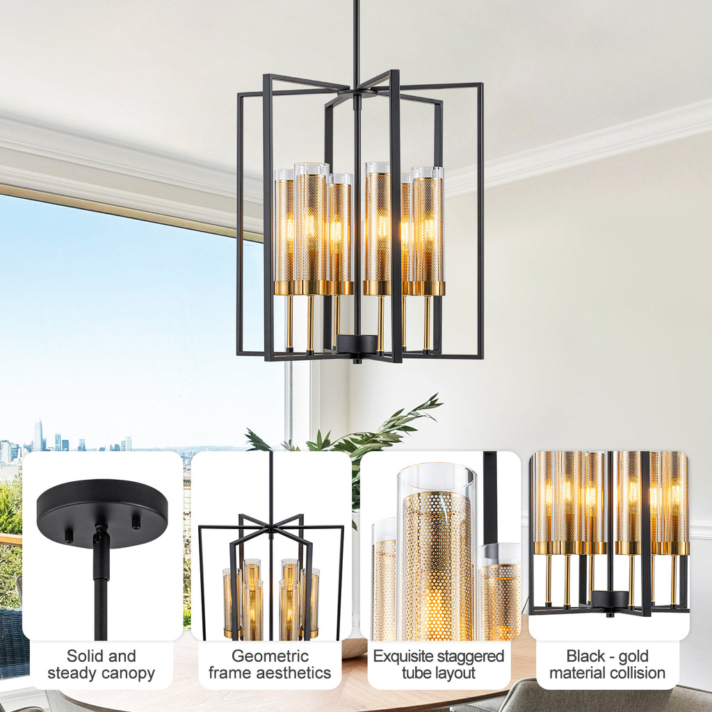 17.72 in. 6-Light Industrial Black Iron Geometric Chandelier with Clear Glass Shades for Kitchen Island Foyers Hallway