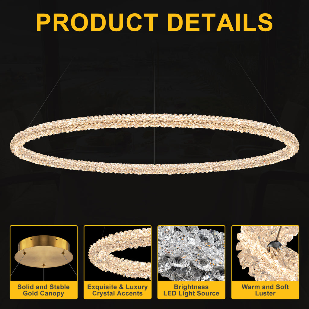 1-Light Modern Gold Metal Ring Crystal Integrated LED Pendant Light Dimmable Chandelier for Dining Room