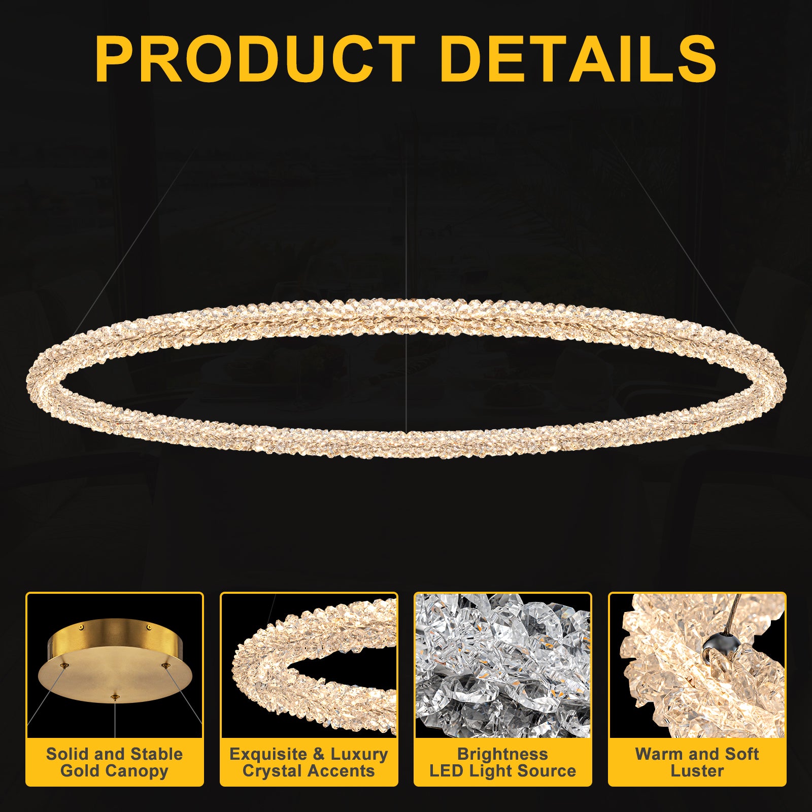 1-Light Modern Gold Metal Ring Crystal Integrated LED Pendant Light Dimmable Chandelier for Dining Room