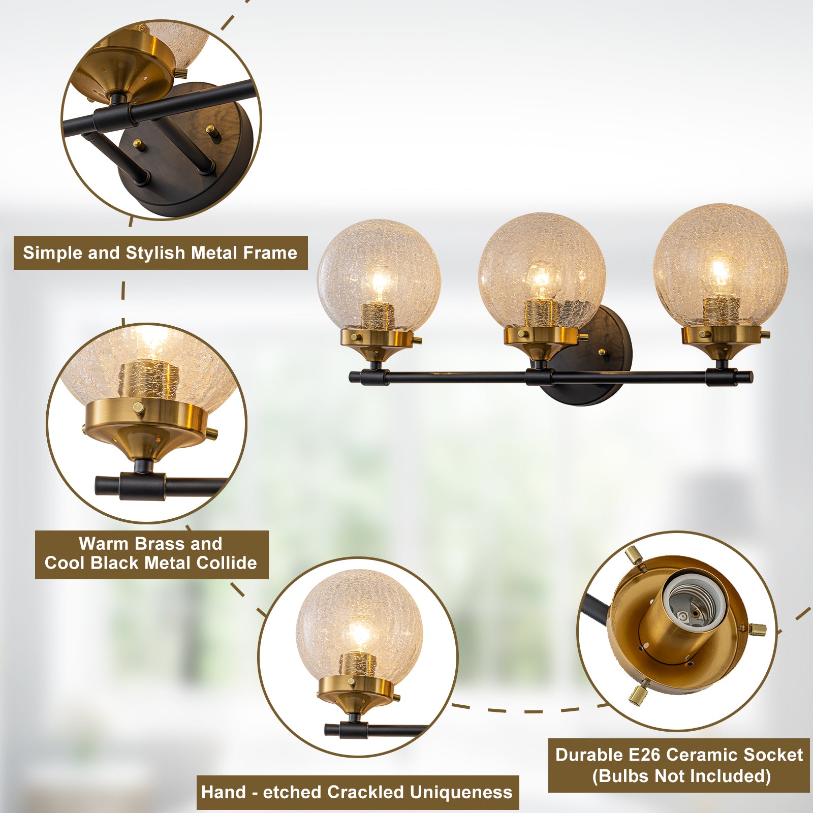 21.73 in. 3-Light Matte Black and Gold Metal Vanity Light with Clear Glass Shades for Bathroom