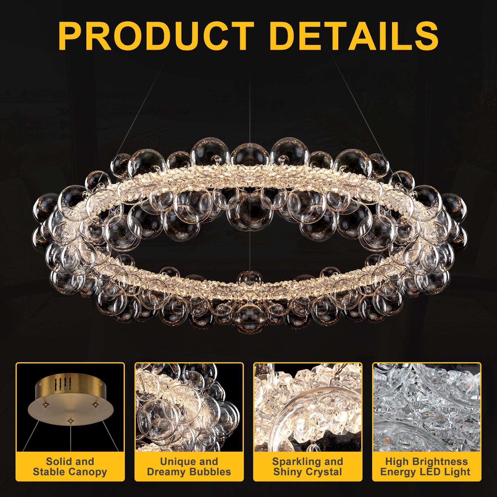 1-Light Gold Modern Round Globe Crystal Integrated LED Chandelier Dimmable Pendant Light with Glass Bubbles