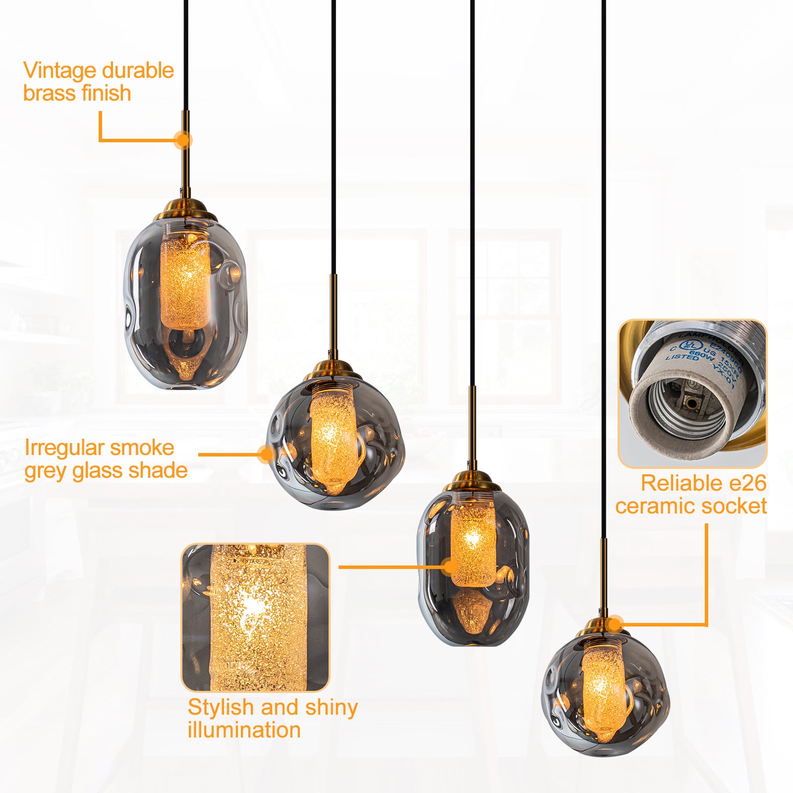 38.6 in. 4-Light Modern Black Linear Pendant Light with 2-Tier Glass Shades for Kitchen Island