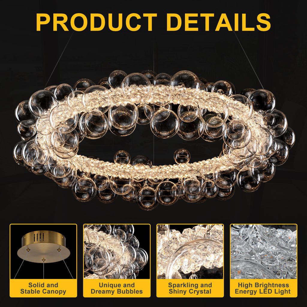 1-Light Gold Modern Round Globe Crystal Integrated LED Chandelier Dimmable Pendant Light with Glass Bubbles